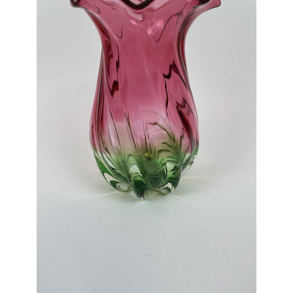 Watermelon Glass Vase Twisted Ruffled Edge Hand Blown 8” Tall - Picture 6 of 10